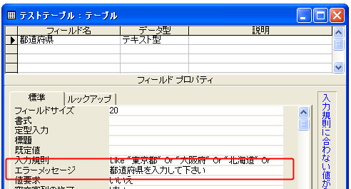 入力規則とエラーメッセージの設定