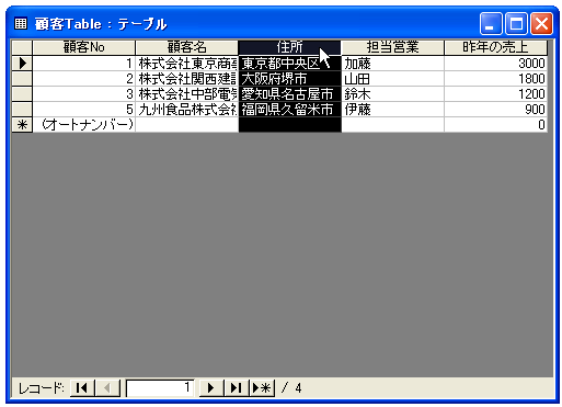 データシートビューで列を移動する